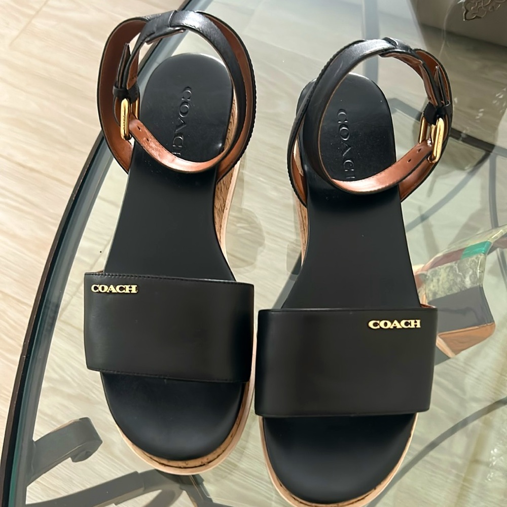 Coach black leather cork wedge sandals - Picture 3 of 6